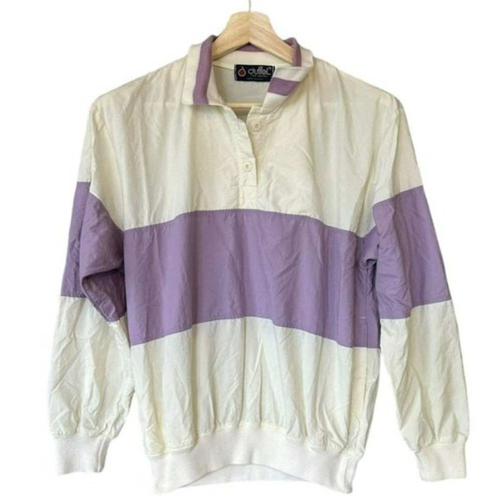 Vintage Duffel Lavender‎ Purple Strip Collared Pullover Windbreaker Womens M